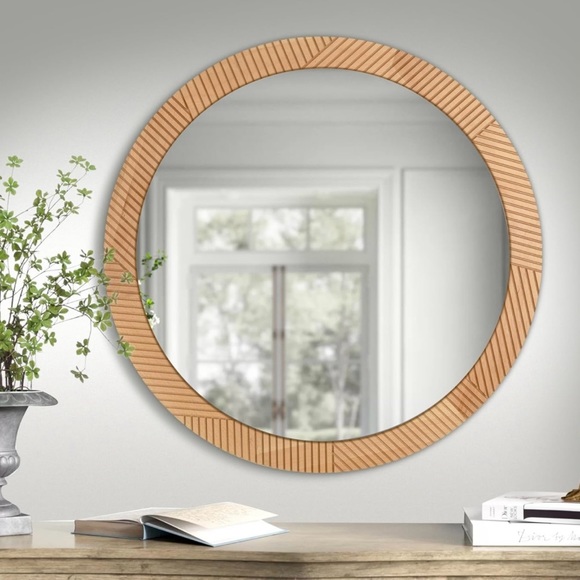 NEW West Elm Large Round Mirror Grooved Wood Boho Wall Hanging Decor - 24” Diam - Picture 1 of 8